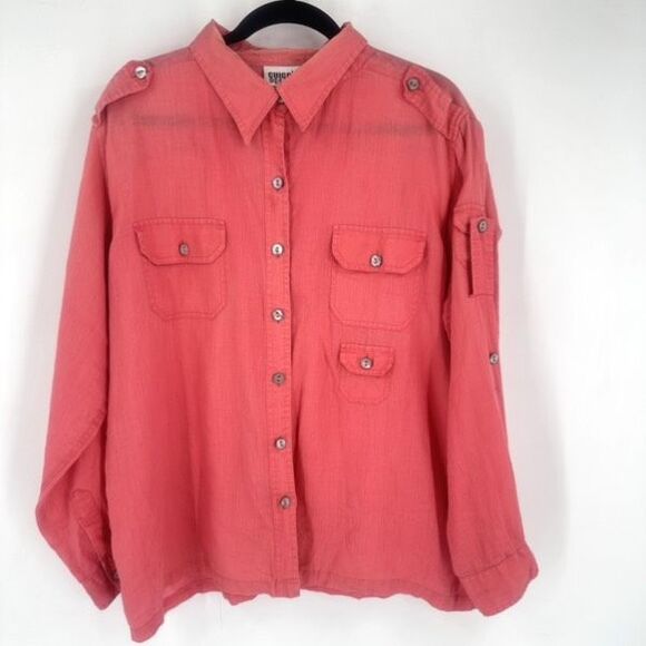 Chico's Tops - Vintage Chico’s 100% Linen Pink Bombay Button Down Shirt‎ Size XL Roll Tab